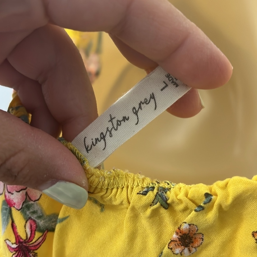 Kingston Grey Yellow & Pink Floral High Low Hem Ruffle Off the Shoulder Dress L - Picture 7 of 7